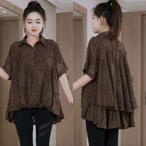 Áo Sơ Mi Nữ Tay Ngắn Mùa Hè Mới Thời Trang Sequin Đan Ren Rộng Rãi Cổ Polo Màu Trơn Áo Cánh Tay Thường