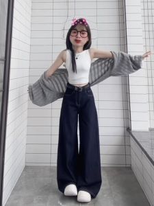 American Retro High Waist Wide Leg Jeans Women Summer New Loose Slimming Drapey Straight Long Pants Deep Color Denim Skinnies