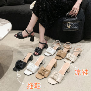 Plus Size Straight with Fish Mouth Sandals Womens Fashion Versatile Block Heel Casual Wear High Heels Fairy Style Korean Version Pleated