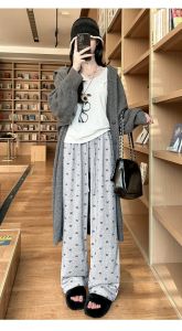 Bows High Waist Glutinous Rice Pants for Women 2024 Spring and Autumn High Slim Looking Casual Loose Loose Pants Print Straight-Leg Pants