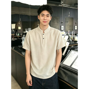 OUMULONG | Breathable Comfortable Henry Collar Cotton Linen T-shirt Short Sleeve