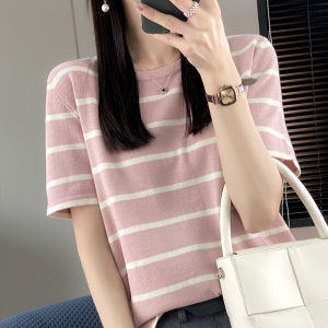 100% Pure Cotton Summer New Womens T-shirt round Neck Top Short Sleeve Loose Regular Knitted Sweater Stripe Thin Base Layer