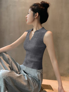 Áo Len Dệt Kim Không Tay Cổ Polo Màu Xám Đậm Mùa Hè 2024 Cho Nữ Áo Khoác Ngoài Ôm Vừa Vặn Thời Trang Áo Chui Đầu