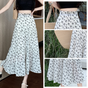 SIM Korean Style Floral Skirt Women Summer Thin High Waist Long Skirt For Women Crotch Covered A-line Skirt