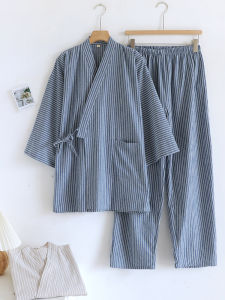 Japanese-Style Kimono Pajamas Men Pure Cotton Stripes Loose Large Size Thin Sweat Steaming Home Clothes Suit Long Sleeves Pants