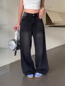 Retro High Waist Jeans Womens Fashion Y2K Straight Loose Denim Trousers Casual Vintage Washed Black Gary Girls Casual Pants