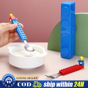 【Local delivery】 Creative portability Stainless Kids Funny Fork Spoon Set Children Building Block Toys Cartoon Steel Tableware Storage Jigsaw