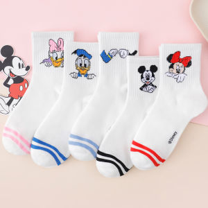 Disney | 5 Pairs of Fun and Cute Disney Cartoon Character Printed Socks for Summer Soft and Comfortable Striped Womens Mid Tube Socks