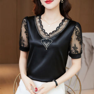 Yitiaoyu Womens Short-sleeved Bottoming Shirt Lace T-shirt with Top Inside.