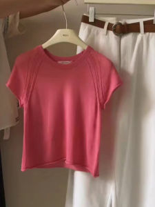 YUFUQING | Korean Dongdaemun Acme Summer New Round Neck Cuffed Sleeve Tencel Linen Knitwear Breathable Short Sleeve Commute Style Pure Color