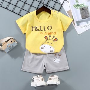 Pure Cotton Short Sleeve Childrens Clothing Set Cartoon Print Boys Girls Kids Baby Toddler Summer Outfit Two-Piece Ensemble