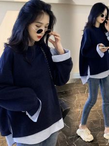 plus Size Womens Korean Style Long Sleeve Sweatshirt Fake Two-Piece Design Autumn Winter Belly Covering Base Layer Shirt