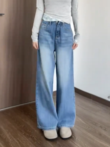 MANMI | Quần Jeans Nữ Dài Thẳng Ống Rộng Cao Waist Slimming Màu Xanh