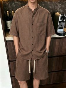 OUMULONG | Bộ Com Lanh Mùa Hè Màu Cà Phê Phong Cách Trưởng Thành