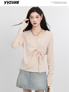 Áo Thun Dài Tay Cổ Chữ V Thắt Eo Dây Rút Phong Cách Hàn Quốc Dành Cho Nữ Mùa Thu Bó Sát Tôn Dáng Áo Thun Dài Tay