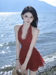 CHANGTONG | Vacation Style Beautiful Red Halter Strap Floral Short Dress