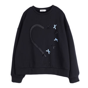 Áo Nỉ Cỡ Lớn Dáng Rộng Cổ Tròn Lót Lông Cừu Phong Cách Hàn Quốc Trang Trí Thắt Nút Bướm Ấm Áp Trái Tim David Áo Nỉ Mùa Đông