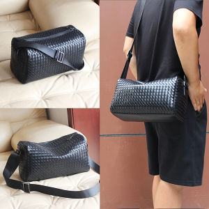 Fancy Pure Cowhide Shoulder Crossbody Woven Mens Bag Genuine Leather Large Capacity Work Clothing Fitness Locomotive Postman Mens Bag