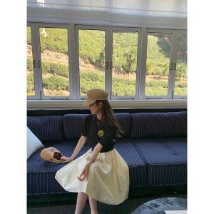 LILY MEMORY Yellow Bloom Half-length Skirt Elastic Waist Midi A-line Skirt Womens New Summer Fashion Versatile Skirt