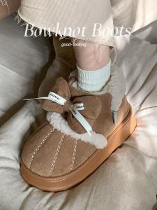 Thin Strip Retro Sweet Bows Fashion Outdoor Cotton-Padded Shoes Female Heattech Fleece-Lined Non-Slip Platform Snow Boots Winter