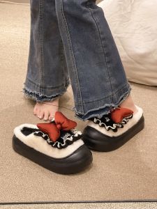 Waterproof Cotton Slippers Womens Autumn and Winter Indoor and Outdoor Sweet Bows Thick Sole Non-Slip plus Velvet Thermal Home Wear Slippers