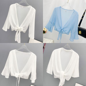 Womens Short Thin Chiffon Open Cardigan Summer Outerwear Top Sleeveless Vest Style with Skirt Matching Outer Covering Shirt