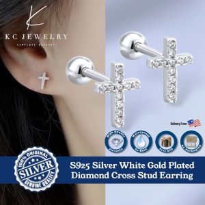 KC Jewelry S925 - White Gold Plated Diamond Cross Stud Earrings