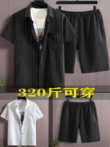 190.00kg over Plus Size Stripes Plus-Size Short-Sleeved Shirt Loose Outfit plus Size Handsome Mens Clothing Set Mature