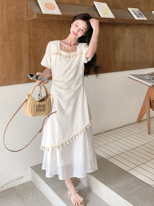 Romantic Bohemian Tassel Skirt Dress Womens A-Line Midi Summer New Style Irregular French Style Beige Color Commute Korean Style