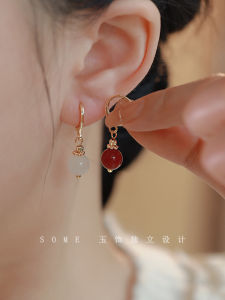 925 Sterling Silver Hetian Jade Earrings for Women Niche Design Gold Silk White Chalcedony Red Agate New Chinese Style Classy Earrings