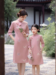 New Chinese Style Long Sleeve Qipao Mother Daughter Matching Clothes Parent Child Traditional Costume Childrens Formal Dresses