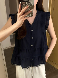 Shalldoer | French Lace Splicing Hollow Out Sleeveless Shirt Womens Summer Fashionable Ageless Versatile Top Casual Loose Fit V-neck