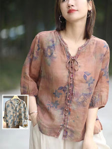 Retro Cotton and Linen Breathable Printed Half Sleeve Shirt Plus Size Womens Clothing V-neck Lace-up Thin Small Shirt Linen Embroidery Tops