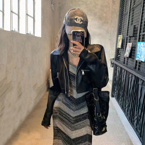 Short Motorcycle Style Leather Jacket Womens Black American Retro Coat Street Style Long Sleeve Slim Fit Other Material 90% Polyester Fiber 10% PU