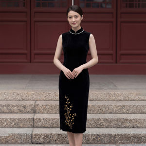 Retro Slimming Chinese Qipao Dress Velvet Sleeveless Spring Summer New