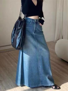 Retro Washed Denim Half Skirt Womens High Waist Long A-Line Skirt Slimming Style Korean Commute Button Zipper Pocket Design