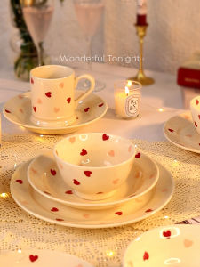 KAWASIMAYA Ceramic Heart Shaped Bowls Couples Dining Set 2 Person Soup Bowls Rice Bowls Dinnerware Set French Style Home Use