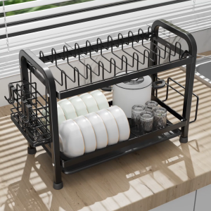 2-Layer Dish Rack Kitchen Dish Storage Rack Black Kitchen Utensil Rack With Pull Drain Tray Kitchen Organizer