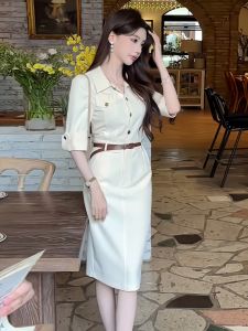 Elegant Mid-Length Shirt Dress Womens Summer New Thin Waist-Cinching Polo Collar Long Split A-Line Dress Korean Style