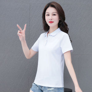 Pure Cotton White Short Sleeve T-Shirt Womens Summer New Style Polo Shirt Stand Collar Korean Style Commute Wind Loose Fit