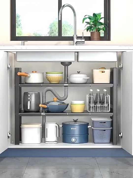 Adjustable expandable cabinet rack under sink shelving organizer rack ...