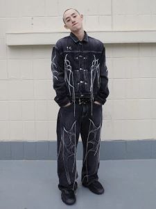 Retro American Tassel Washed Short Mens Denim Jacket And Pants Two-Piece Set Vintage Style Youth Fashion Autumn Outfit