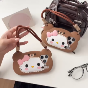 3D Bear Hat Cartoon Cat Silicone Phone Case for iPhone 13 14 15 16 17 Pro Max Casing Hanging Rope Soft Silicone Cover for iPhone 17 Pro Max Case