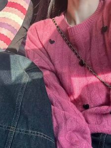 round Neck Heart Cable Stitch Inner Wear Sweater Female 2024 New Outdoor Soft Glutinous Rose Pink Knitting Top Sweater