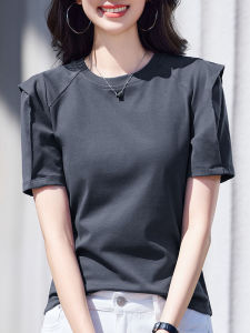 Slimming Bubble Sleeve round Neck Short Sleeve T-Shirt Womens Summer New Style Gray Half Sleeve Top Cotton Polyester Blend
