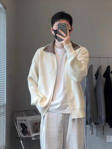 Áo Len Cardigan Nam Thời Trang Xuân Thu Màu Tương Phản Cổ Chun Khóa Kéo Dáng Rộng Thoải Mái Thường Ngày Dài Tay Cổ Tròn