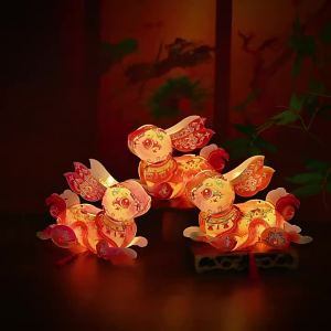 3D National Trend Rabbit Lantern DIY Kit Mid-Autumn Festival Handheld LED Glowing Lamp Traditional Chinese Style Handcraft