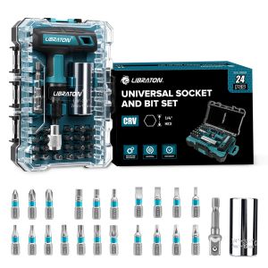 LIBRATON 24PCS Universal Socket & Ratchet T-Handle Screwdriver Bit Set Socket Adapter Magnetic Ratcheting Handle for DIY Repair