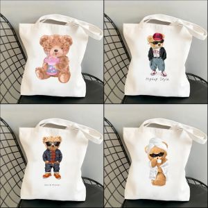 Harajuku Cute Bear Art Shoulder Bags Kawaii Fashion Tote Handbag Canvas Girl Environmental Large Capacity Portable Shopping Bag