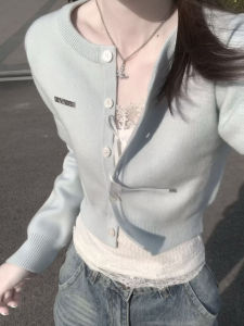 YUEZHONGWEI | Blue Round Neck Short Knit Cardigan